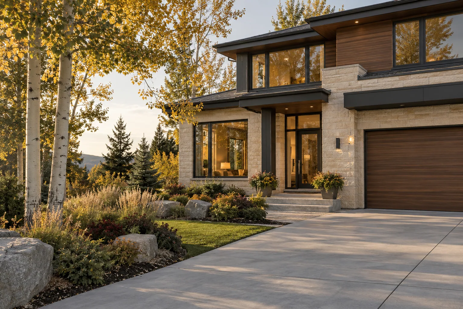 Illustrative exterior of a welcoming home framed by autumn trees.