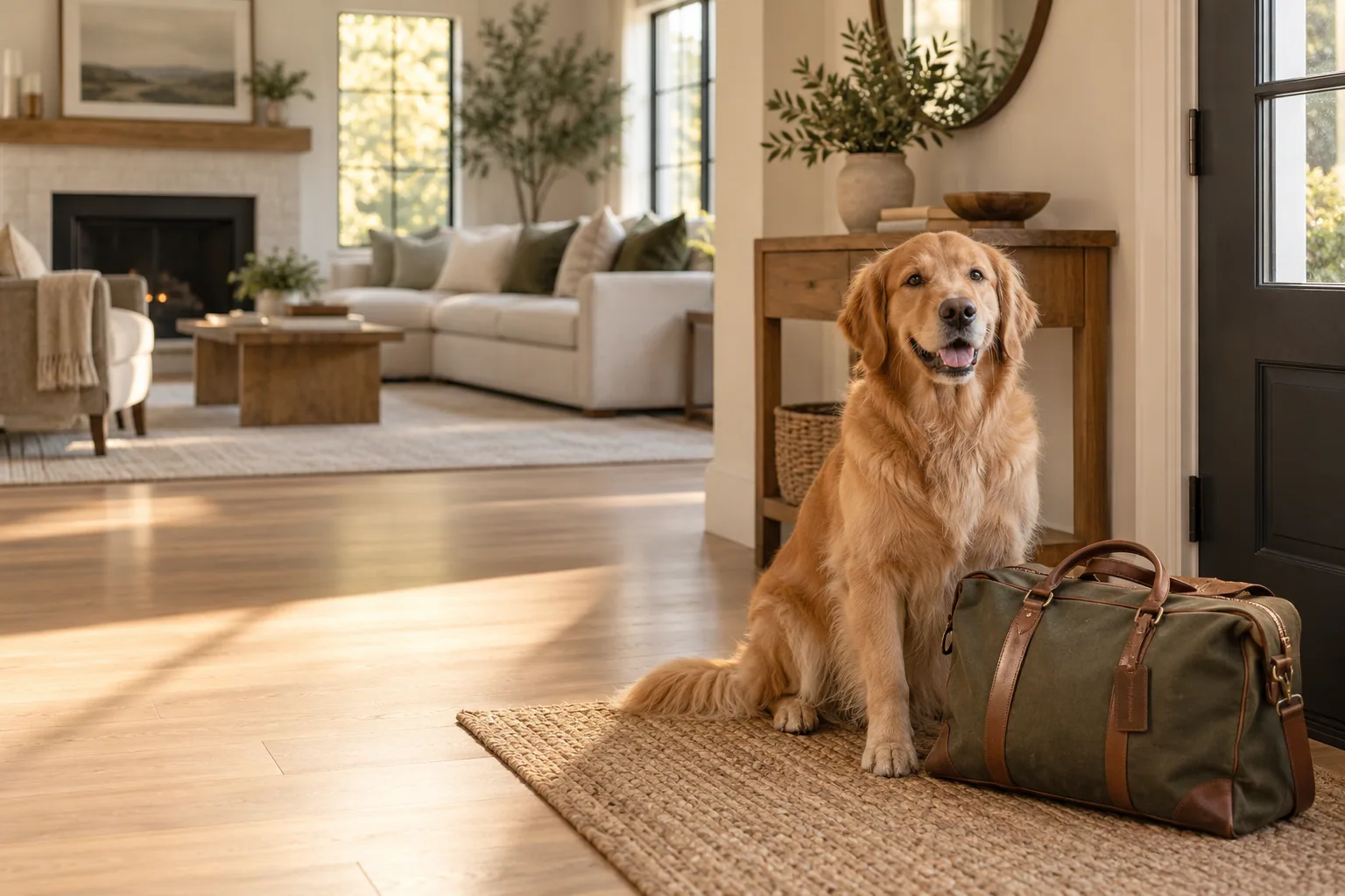 Illustrative scene of a dog waiting in a bright home beside a weekend bag.