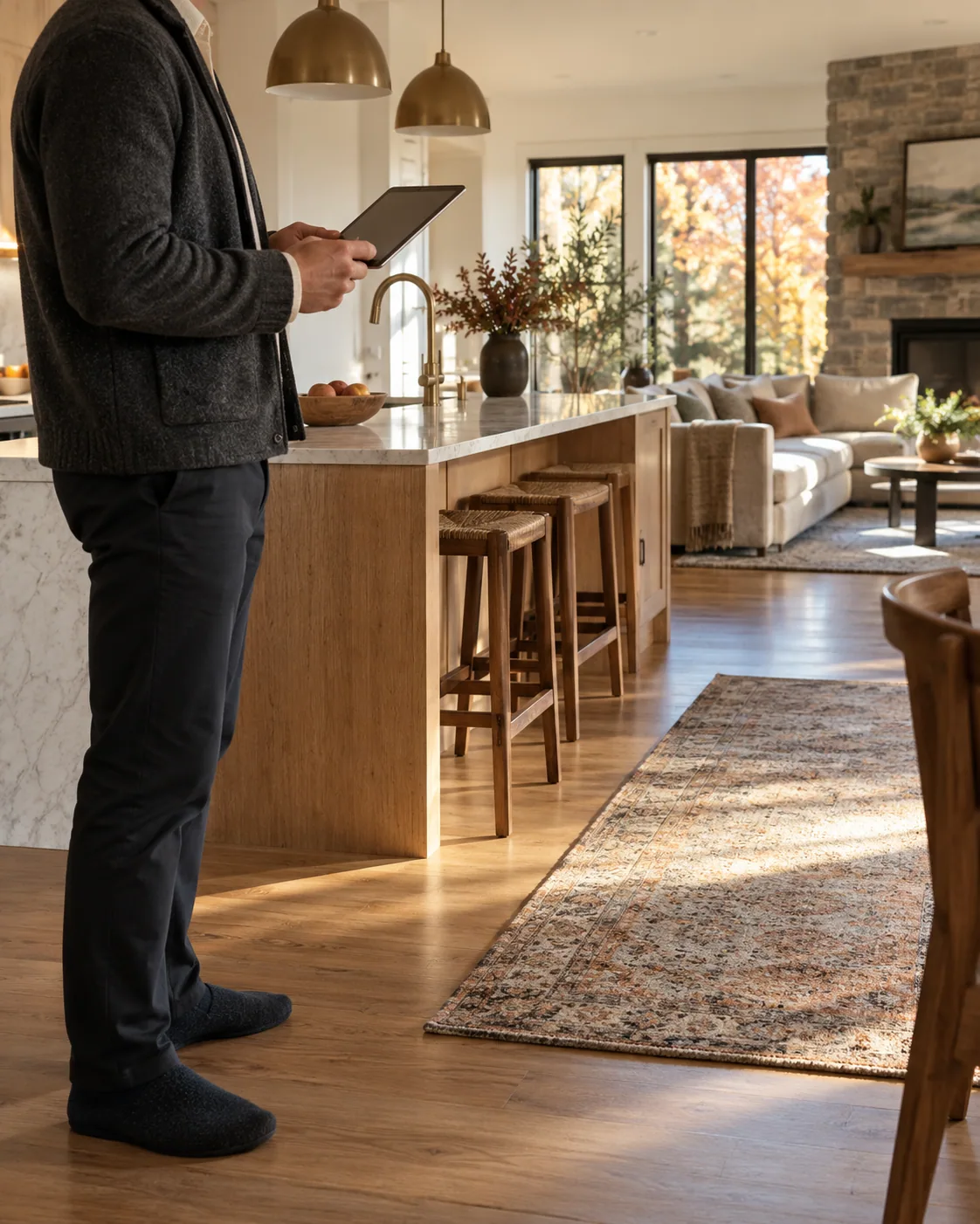 Illustrative scene of a professional documenting a home-care task on a tablet.